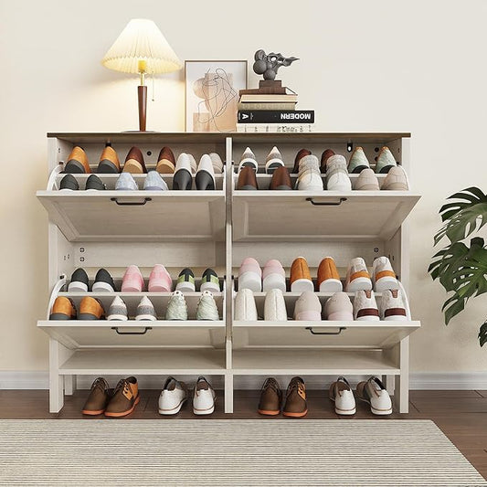 Shoe Storage Cabinet with 4 Flip Drawers, Wooden Shoe Rack with Metal Handle, Freestanding Hidden Shoe Storage Organizer with Open Shelf, Narrow Shoe Rack for Entryway, Hallway (White Brown)