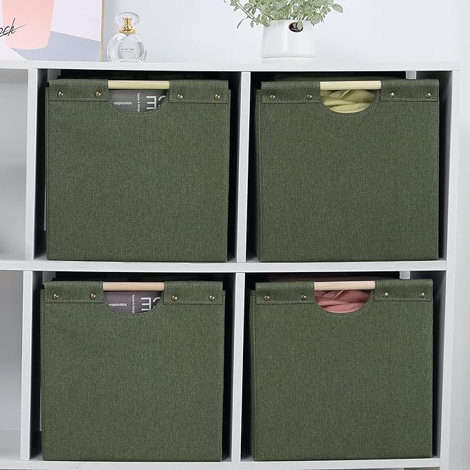 HOONEX Large Collapsible Storage Bins, Linen Fabric, Pack of 2, Storage Baskets with Wooden Carry Handles and Sturdy Heavy Cardboard, for Home, Office, Car, Nursery, Olive