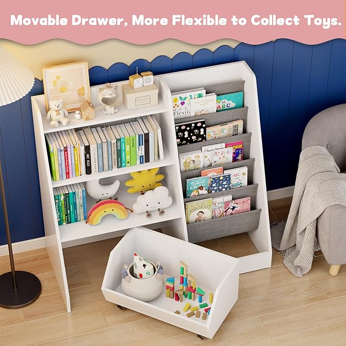 COZPAW Kids Bookshelf and Toy Storage, 4 Tier Toddler Bookshelf with Movable Drawer 5 Sling Pockets, Montessori Book Shelf for Kids Room, Playroom, Nursery (White)-NeatNest