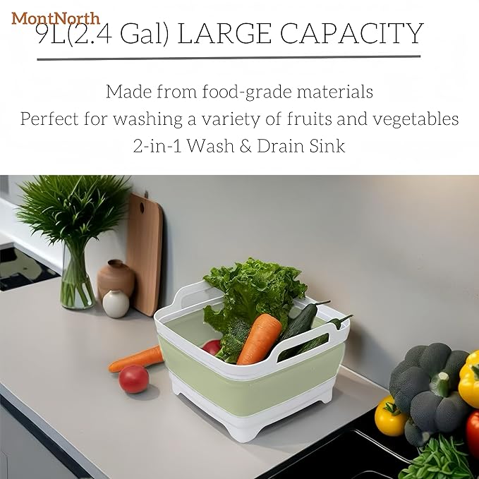 Collapsible Wash Basin 9L, Foldable Dish Tub with Drain Plug, Portable Collapsible Dish Basin, Camping Sink for Washing Dishes, Laundry & Kitchen Use (Green)-NeatNest