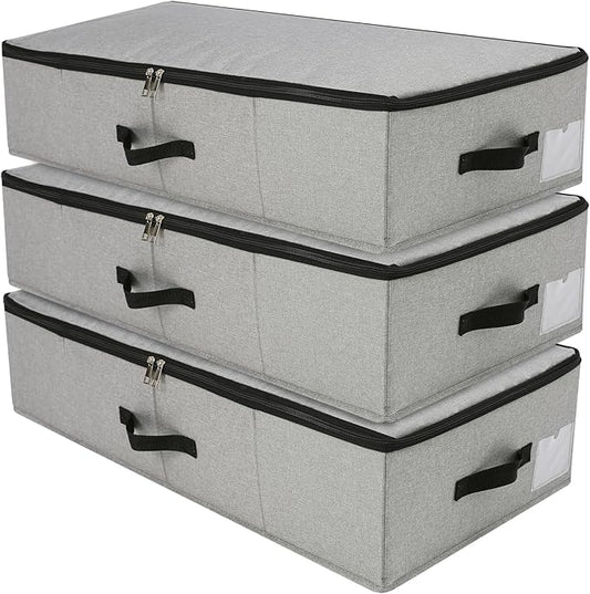 AMJ Under Bed Storage Organizer, Set of 3, Underbed Closet Storage Solution for Closet Organizers Storage Containers with Durable Handles Thick Fabric, Breathable, Linen Dark Gray-NeatNest