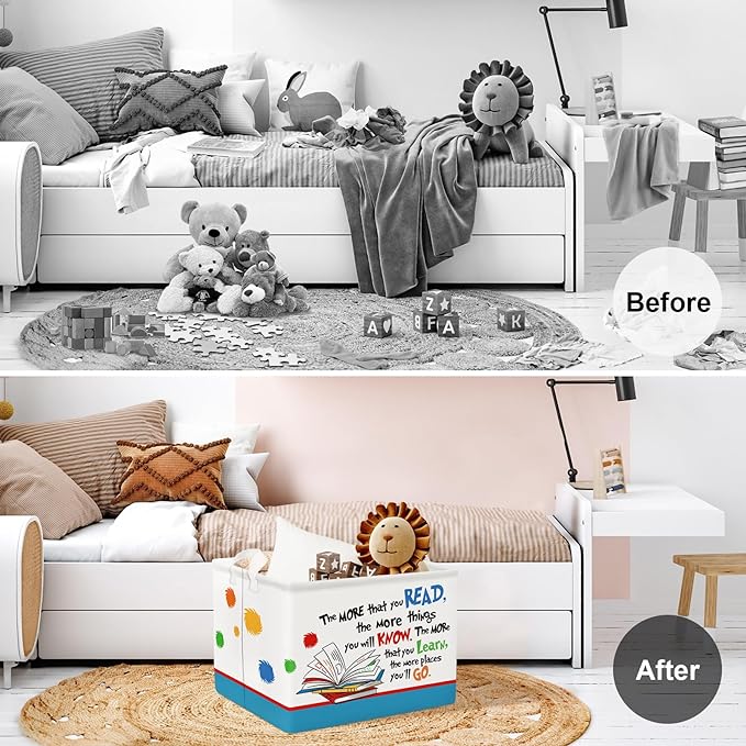 Clastyle Collapsible Back to School Reading Book Storage Basket Dr Quotes Book Organizer for Nursery Room Classroom Library Rectangle Kindergarten Daycare Clothes Toys Storage Bin-NeatNest