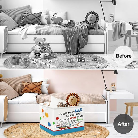 Clastyle Collapsible Back to School Reading Book Storage Basket Dr Quotes Book Organizer for Nursery Room Classroom Library Rectangle Kindergarten Daycare Clothes Toys Storage Bin-NeatNest