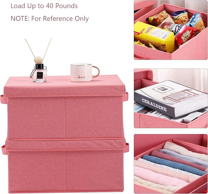 HOONEX Linen Foldable Storage Bins with Lids, 2 Pack, Storage Boxes with Carrying Handles and Sturdy Heavy Cardboard, 16.5" L x 11.8" W x 7.5" H for Shoes, Books, Clothes, Nursery, Pink-NeatNest