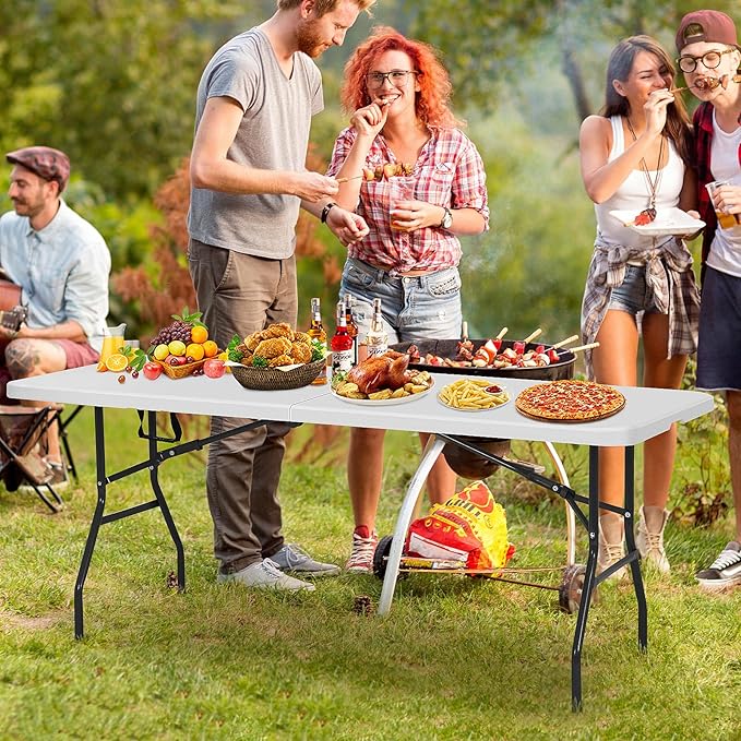 6ft Folding Table, Heavy Duty Foldable Table with Handle, Portable Fold-in-Half Utility Tables for Indoor & Outdoor Use Perfect for Camping BBQ Party Wedding Market Events, White-NeatNest