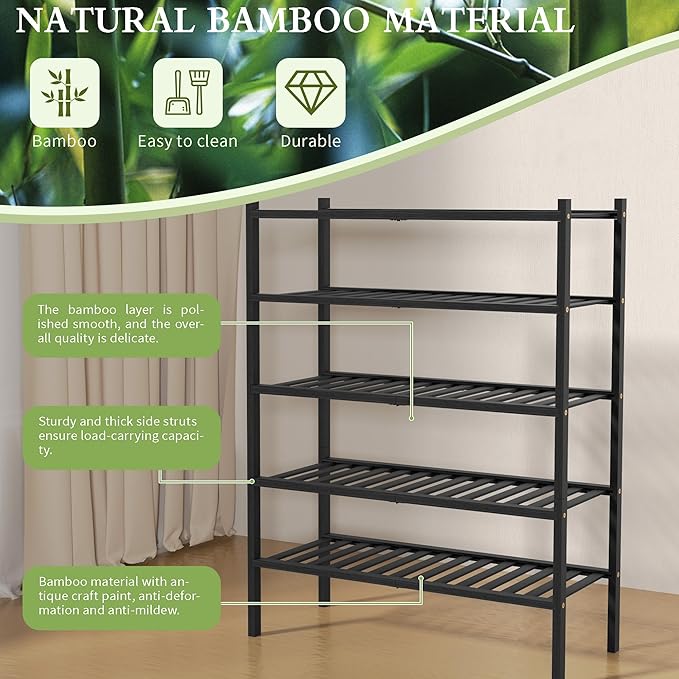 5 Tier Bamboo Shoe Rack for Closet Free Standing Wood Shoe Shelf for Entryway Small Space Stackable 27"x11"x33" (Black)-NeatNest