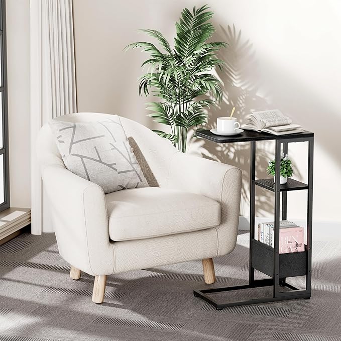 C Shaped End Table, Small Side Table for Couch, Recliner, Slide Under Sofa Tray Desk Snack Tables with Storage Bag for Living Room,Bedroom, Small Spaces - Black