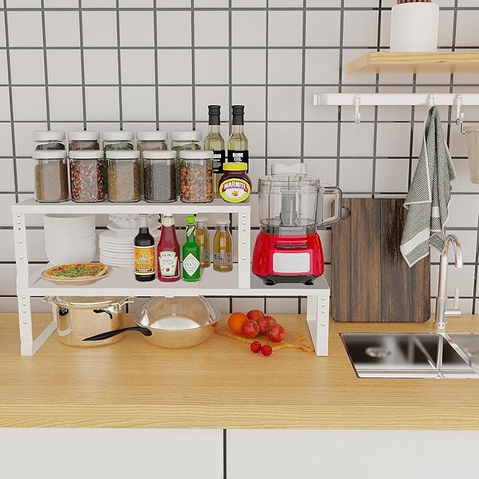 Expandable Cabinet Shelf Organizer Storage Spice Rack Shelves for Kitchen Stackable Adjustable Pantry Cupboard Bathroom Countertop Desktop(2Packs/White/Medium)-NeatNest