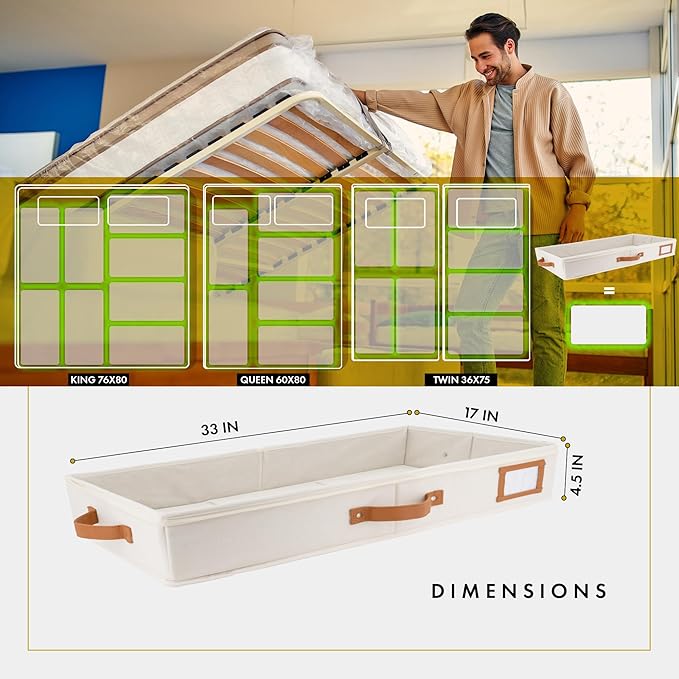 HOMELUX THEORY 2pc Low Profile Under Bed Storage Containers, Thin Under Couch Storage Organizer with Bins & Lids, Underbed Storage Box Ideal for Seasonal Clothes, Blankets, Fabric & Shoes (Ivory)-NeatNest