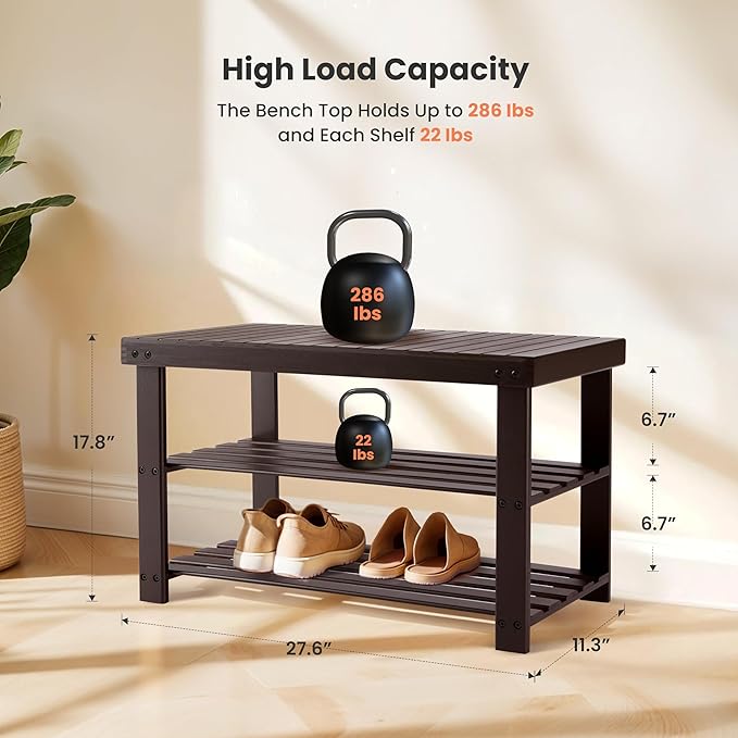 Simple Deluxe Shoe Rack Bench, 3-Tier Bamboo Storage Organizer, 286lb Capacity Entryway Bench for Front Door, Bedroom, Living Room, Bathroom, Balcony, Stylish Shoes Brown (11.3 x 27.6 x 17.8 Inches)