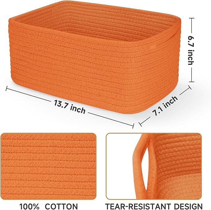 3-Pack Storage Baskets for Organizing | Woven Shelf Toy Basket | Rope Baskets for Gifts Empty | Closet Organizer Bins with Handles | Cube Decorative Box | 13.7×7.1×6.7” | Orange-NeatNest