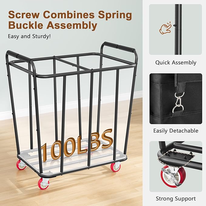 Hoctieon 2 Section Laundry Sorter Cart, 400L Rolling Hamper with Wheels, Industrial Laundry Basket Organizer, Extra Large Dirty Clothes Hamper for Home & Hotel, Heavy Duty, Black-NeatNest