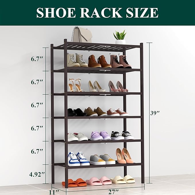 Smiry Shoe Rack, 6 Tier Thick Bamboo Shoe Organizer, Stackable Free Standing Wooden Shoe Storage Shelf for Closet, Entryway, Front Door Entrance, Brown-NeatNest