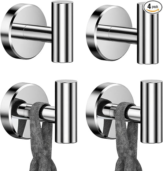 Chrome Bathroom Towel Hook, Coat Robe Clothes Hook for Kitchen Garage Wall Mounted 4 Pack, 304 Stainless Steel, Heavy Duty Door Hanger, Cabinet Closet Wall Hook for Hotel Pool (Polished Chrome)