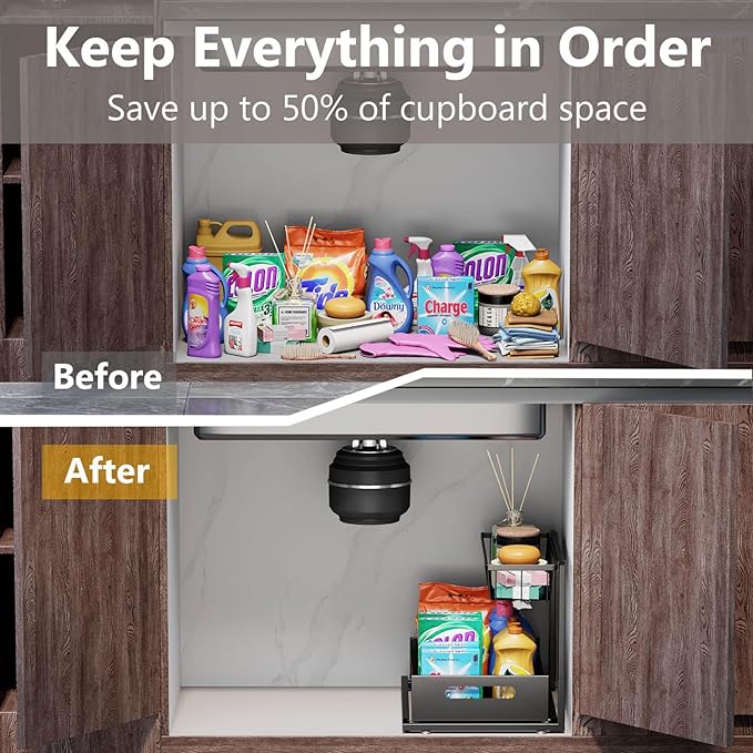 Under Sink Organizers and Storage 2 Tier Slide Out Kitchen Cabinet Organizer Sturdy Metal Bathroom Storage (Black, 1 Pack)-NeatNest