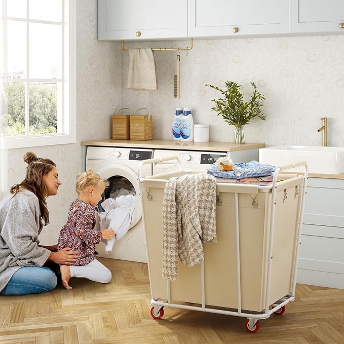 Hoctieon Large Laundry Cart with Wheels, 400L Heavy Duty Laundry Basket Organizer, Rolling Hamper Sorter for Clothes Storage, Industrial Dirty Clothes Hamper for Home & Hotel, Beige-NeatNest
