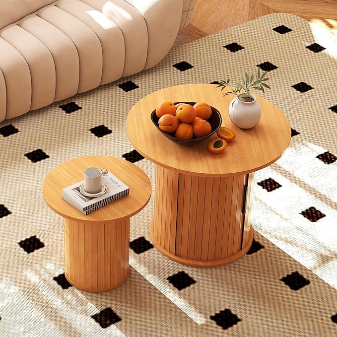 Nesting Coffee Table Set of 2 with Hidden Storage & Sliding Door, Circle Wood Coffee Table, Farmhouse Side & End Table Sets for Living Room, Small Spaces, Natural