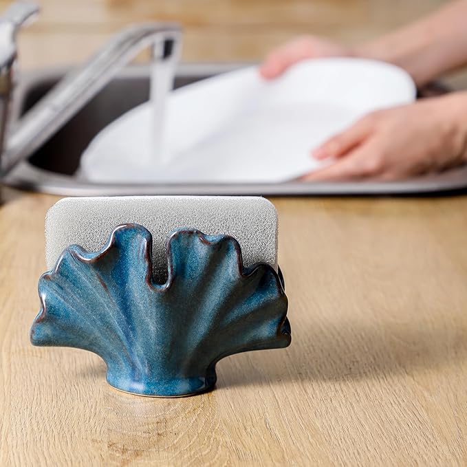 Ceramic Sponge Holder,Sponge Holder for Kitchen Sink,Compact Sink Caddy Organizer-Scouring Pad and Dish Sponge Holders,Farmhouse Kitchens Decor Cute Kitchen Gadgets Accessories(Blue)-NeatNest