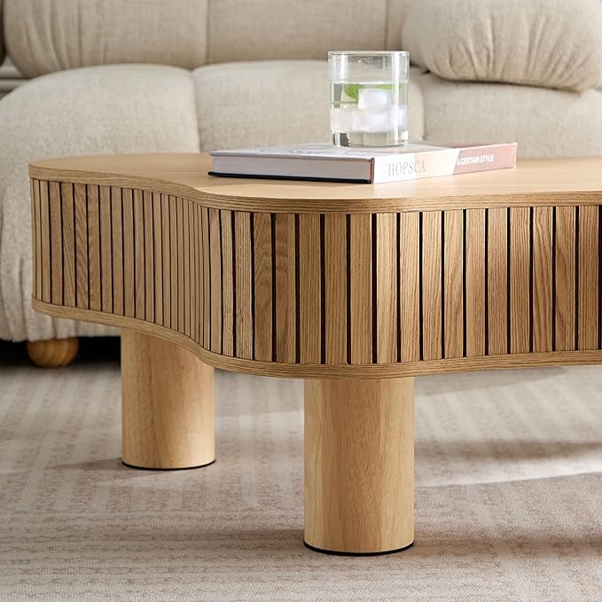 Kevinplus 42.52'' Modern Wood Coffee Table for Living Room, Contemporary Irregular Drum Curved Handcraft Coffee Table with Strong Legs, Easy Assembly, Oak