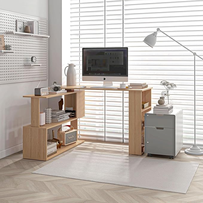 HOMCOM L Shaped Corner Desk, 360 Degree Rotating Home Office Desk with Storage Shelves, Writing Table Workstation, Maple-NeatNest