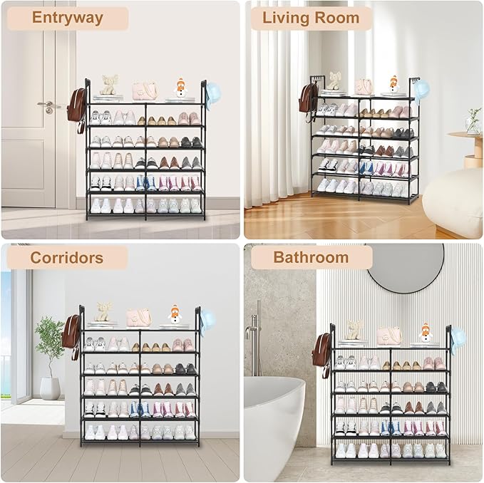 2-Row 6-Tier Shoe Rack, Black Metal Stackable Shoe Shelf with Multifunctional Hooks, Hold 24-30 Pairs, Space Saving Shoes Organizer for Closet,Show Rack-NeatNest