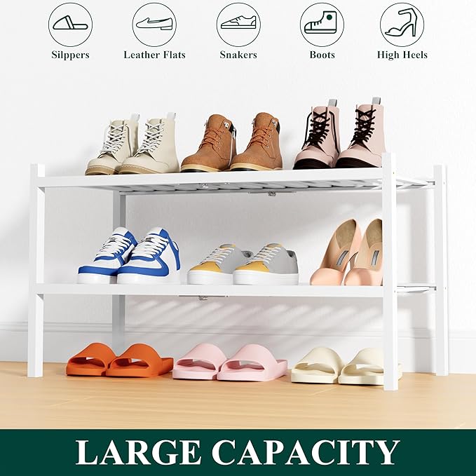 Smiry Shoe Rack, 2 Tier Thick Bamboo Shoe Organizer, Stackable Free Standing Wooden Shoe Storage Shelf for Closet, Entryway, Front Door Entrance, White-NeatNest