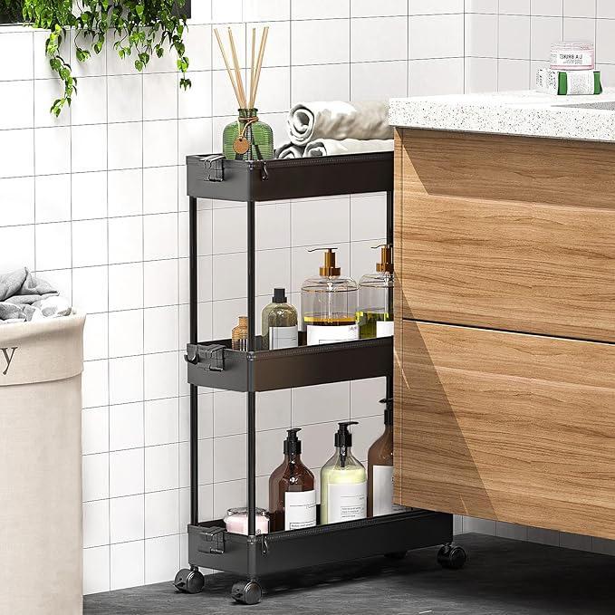 SPACEKEEPER Slim Rolling Storage Cart, 3 Tier Bathroom Storage Organizer Laundry Room Utility Cart Mobile Shelving Unit, Multi-Purpose for Kitchen Office Bathroom Laundry Narrow Places, Black-NeatNest