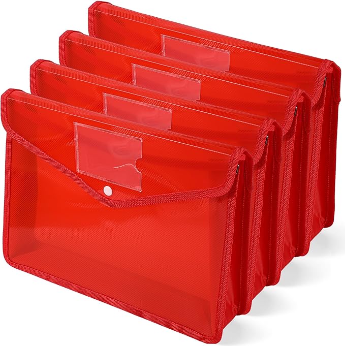 4 Pack A4 Expanding Plastic File Folders Waterproof Document Organizer with Snap Button Multiple Pockets, Office Home Office Storage (Red)