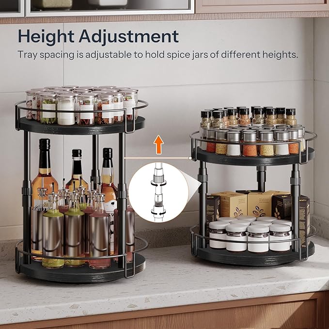 HOOBRO Lazy Susan Organizer Spice Rack, 2-Tier Height Adjustable Rotating Lazy Turntable Spice Organizer, for Kitchen Countertop and Cabinet, Black BB05TL01-NeatNest