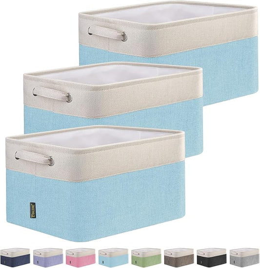 BALEINE 3 Pack Fabric Storage Bins for Shelves, Linen Storage Baskets for Organizing, Decorative Closet Bins for Clothes, Home (Skyblue, 12"x8"x8")-NeatNest