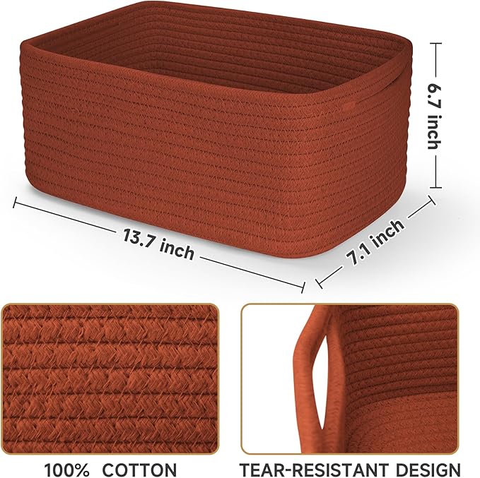 3-Pack Storage Baskets for Organizing | Woven Shelf Toy Basket | Rope Baskets for Gifts Empty | Closet Organizer Bins with Handles | Cube Decorative Box | 13.7×7.1×6.7” | Brick Red-NeatNest