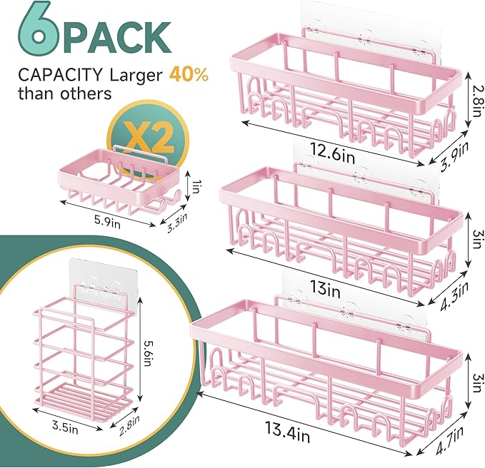 Veken Rustproof & Waterproof Shower Caddy 6-Pack, No Drilling Adhesive Shelves Rack with Soap Holder, Large Capacity Bathroom Organizers and Storage, Wall-Mounted Kitchen & Home Decor-NeatNest