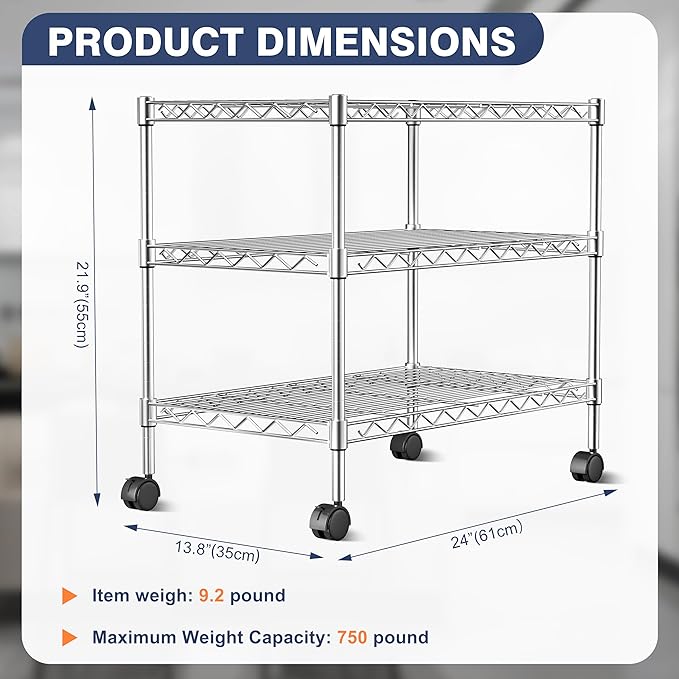 750lbs 3-Tier Wire Shelf Rack,24" Dx14 Wx22 H,Kitchen Metal 3-Shelves Rack with Lockable Wheels,Height Adjustable Wire Shelving Unit and Storage for Living Room,Laundry,Office,Pantry,Studio-NeatNest