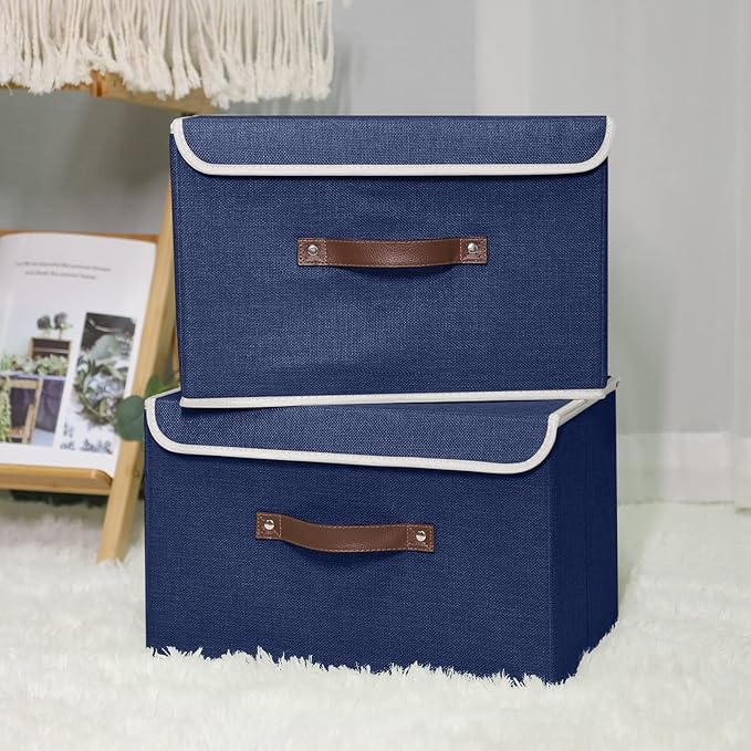 ANMINY 2PCS Storage Bins with Lid PU Leather Handles Storage Boxes PP Plastic Board Decorative Foldable Lidded Cotton Linen Fabric Home Cubes Baskets Closet Organizer Containers - Blue, Large Size-NeatNest