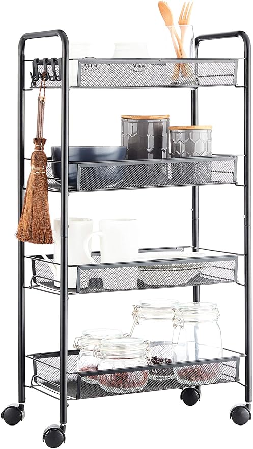 JANE EYRE Rolling Utility Storage Rack Cart on Wheels, Trolley Carft cart, Multi-Purpose Organizer Shelf (Black, 4 Tier)…-NeatNest