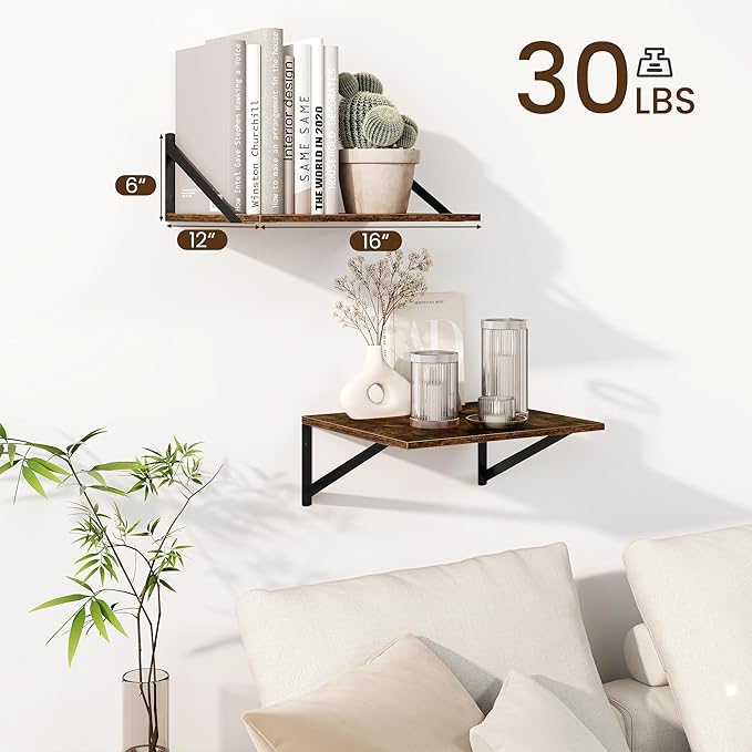 Fun Memories Floating Shelves for Wall, 12 Inch Deep Floating Shelves Set of 2, 16W x 12D Large Wall Shelf with Sturdy Metal Brackets for Living Room, Bathroom, Bedroom and Kitchen, Rustic Brown-NeatNest