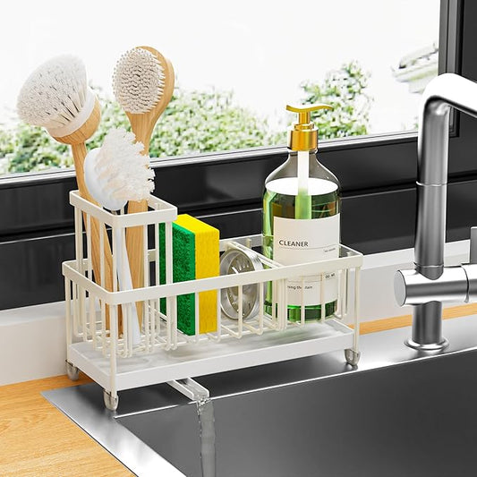 Cisily Cream Sponge Holder for Kitchen Sink, Sink Caddy Organizer with High Brush Holder, Kitchen Countertop Organizers and Storage Essentials, Rustproof 304 Stainless Steel, Soap Dispenser Organize-NeatNest