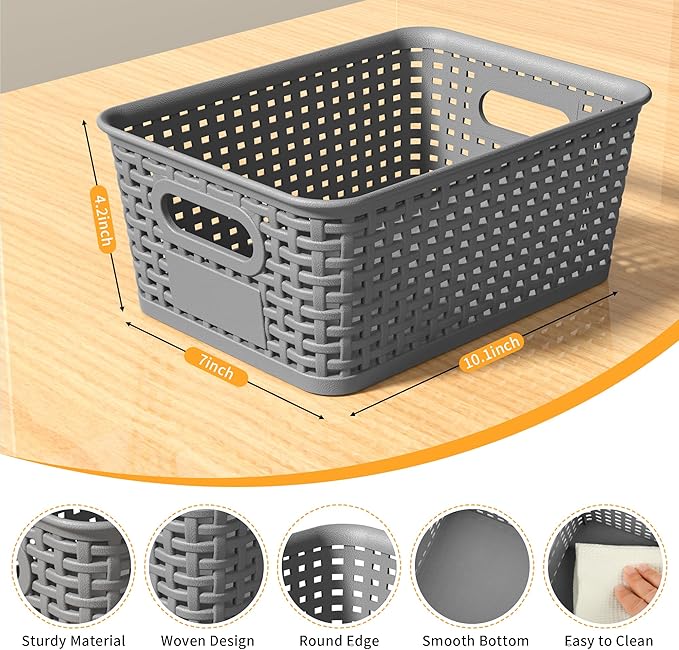 Gray Plastic Storage Baskets - Pack of 8 with Labels Stackable Durable Storage Bins, Storage Containers for Organizing Desks, Closets, Playrooms, Classrooms, Offices