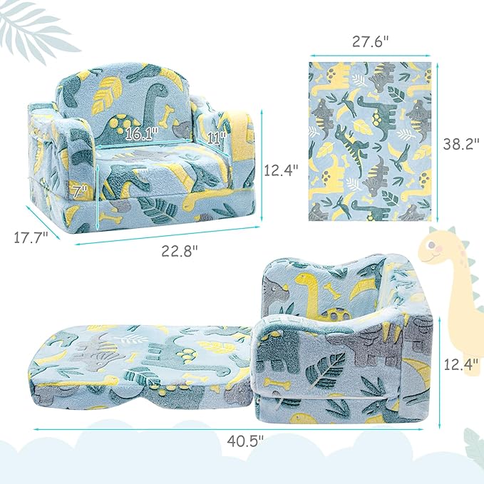 Comfy Toddler Chair and Couch for Kids with Blanket,2-in-1 Soft Plush Fold Out Toddler Couch for Girls and Boys,Convertible Sofa to Lounger for Playroom,Glowing Dinosaur-NeatNest