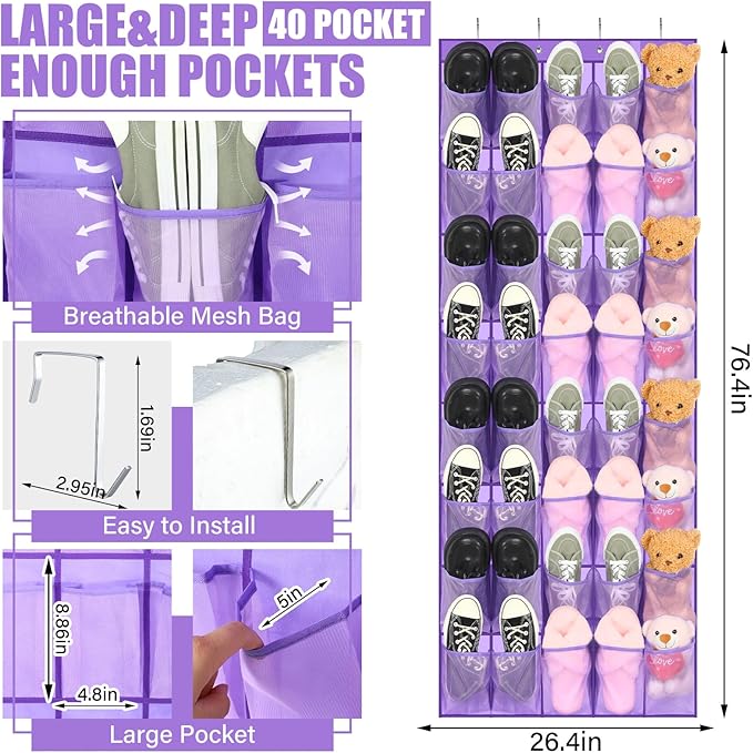 Windyun 40 Large over the Door Hanging Shoe Organizer Purple Mesh Pockets Shoe Rack for Closet Behind Door Hanger Storage Holder Nonslip for Cruise Essentials, Dorm Room Storage, Utility Room-NeatNest