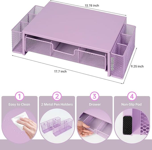 Computer Monitor Stand Riser with Drawer and Pen Holders, Desk Organizer Shelf and Accessories, Office Desk Accessories, Office Organization, Purple-NeatNest