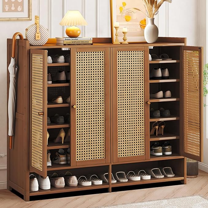 Bamboo Shoe Cabinet, 8-Tier Shoe Storage Cabinet with Doors, Freestanding Bamboo Shoe Rack Organizer with Shelves for Entryway, Hallway, Closet, Living Room (Brown-4)