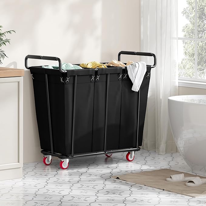 Large laundry hamper with Wheels, 360L 3 Bag Big Rolling Laundry Hamper Sorter Cart, Extra Large Laundry Clothes Hamper, Heavy Duty Laundry Basket Organizer for Laundry Room,Bathroom,Black