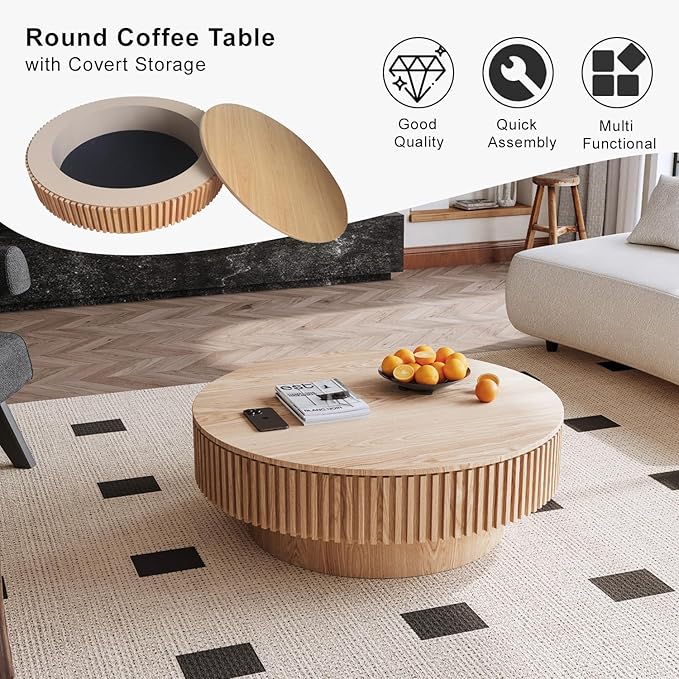 39'' Round Coffee Table with Storage, Modern Wooden Coffee Table with Solid Wood Veneered, Circle Center Table Accent Tea Table for Living Room Apartment Natural Wood