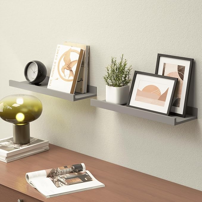 Floating Shelves for Wall, Wall Shelves Set of 2, Bedroom Shelves with Lip, Display Picture Ledge Shelf for Wall Decor Bedroom Living Room Bathroom Kitchen - Grey-NeatNest