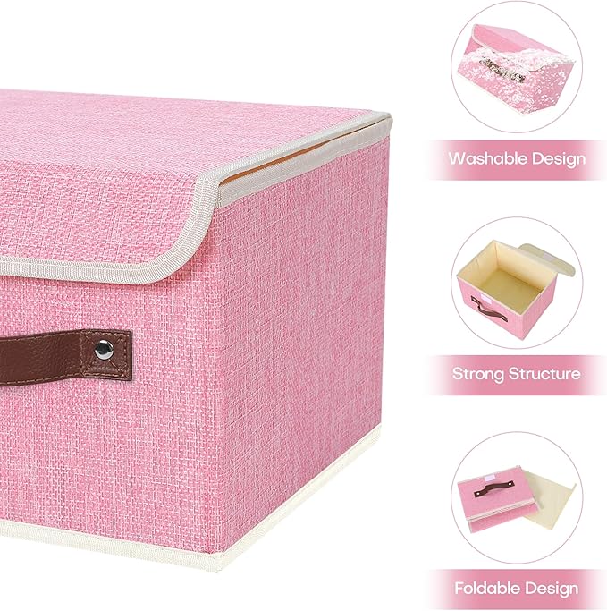 ANMINY 2PCS Storage Bins with Lid PU Leather Handles Storage Boxes PP Plastic Board Decorative Foldable Lidded Cotton Linen Fabric Home Cubes Baskets Closet Organizer Containers - Pink, Small Size-NeatNest