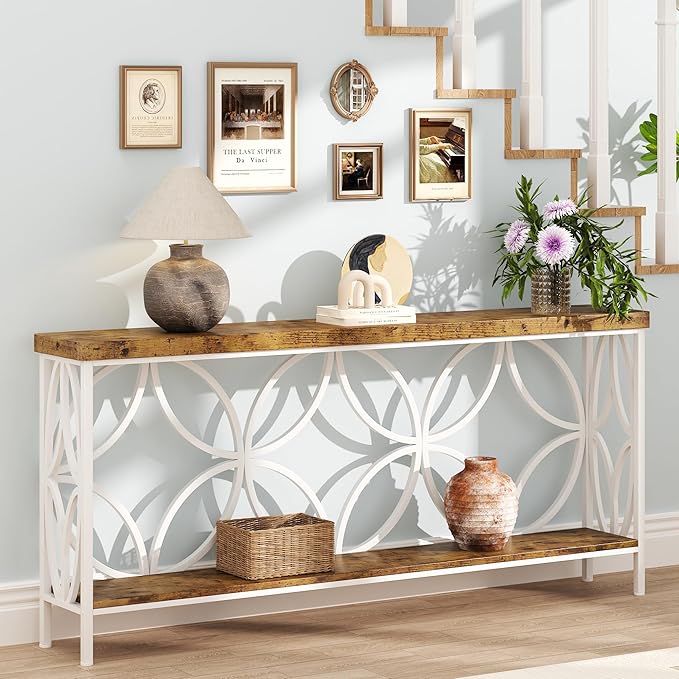 karlott 70.9 inch Extra Long Console Table, Industrial Sofa Table Behind Couch with 2 Tier Storage Shelf, Narrow Long Entryway Table for Living Room, Foyer, Hallway, Office, White-NeatNest