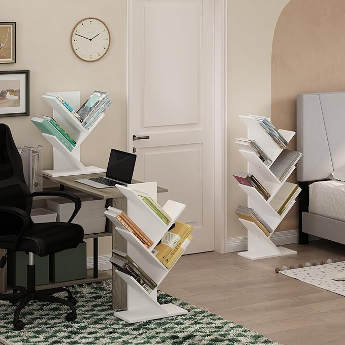 Furinno Tree Bookshelf 5-Tier Floor Standing Tree Bookcase, White-NeatNest