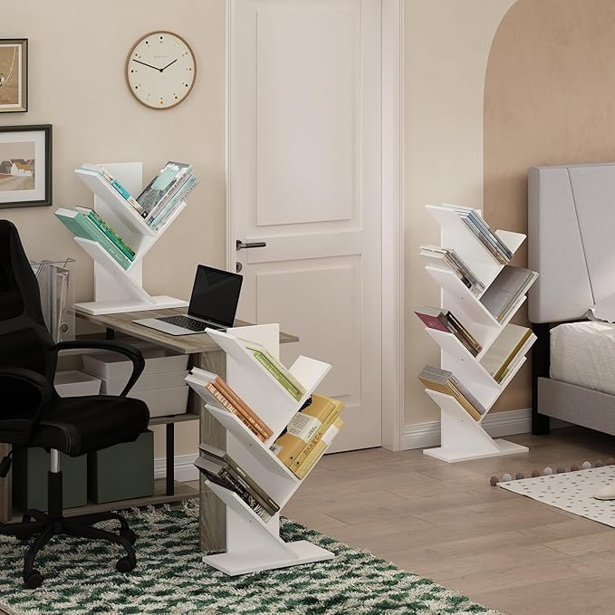 Furinno Tree Bookshelf 7-Tier Floor Standing Tree Bookcase, White-NeatNest