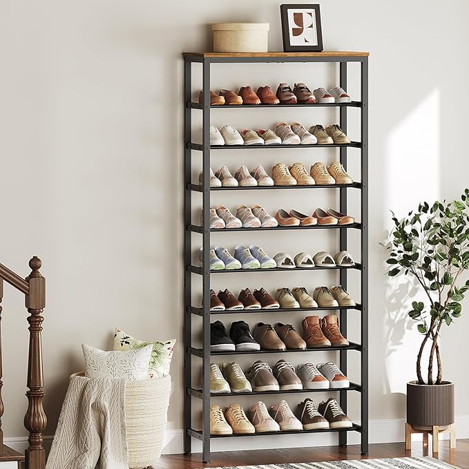 10 Tier Tall Shoe Rack, Large-Capacity Shoe Storage Organizer, Free Standing Shoe Shelf for Closet, Adjustable Metal Shoe Racks Organizer for 40 Pairs of Shoes, Rustic Brown and Black SS70BR-NeatNest